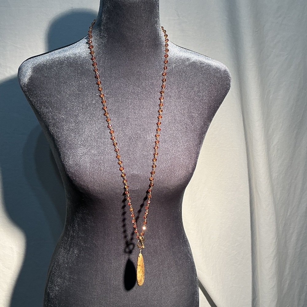 Long Amber-Tone Beaded Necklace with Natural Pendant